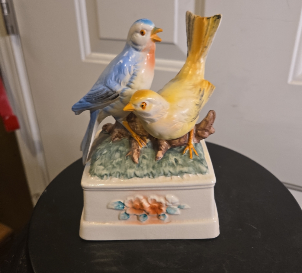 Porcelain Blue & Yellow Bird Figurine Music Box With The Sound Of Birds Singing